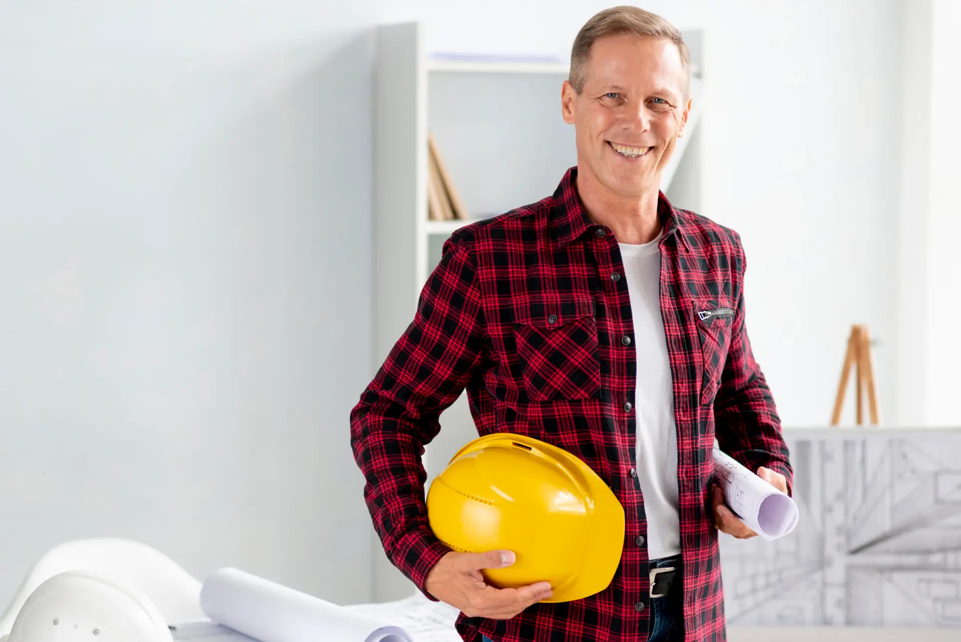 front view architect posing his office